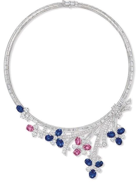 10 blue sapphires weighing 26.04 carats, 4 pink sapphires weighing 9.50 carats, and 235 diamonds, set in platinum. Winston Garden collection Rare Diamonds, Pink Gemstone Necklace, Bridal Diamond Necklace, The Bling Ring, Sunflower Ring, Harry Winston, Gold Rings Jewelry, Bling Rings, Blue Jewelry