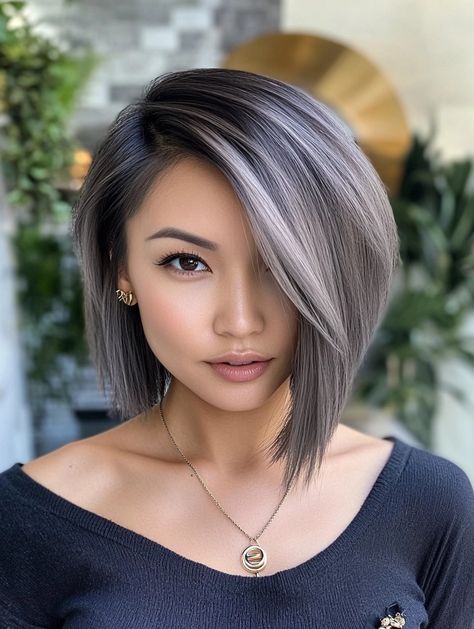 Asymmetrical Bob Grey Asymmetrical Bob, Asymmetrical Bob Fine Hair, Asymmetrical Bob Short Edgy, Diamond Face Shape Hairstyles, Long Angled Bob Hairstyles, Reverse Ombre Hair, Asymmetrical Bob Short, Grey Bob Hairstyles, Long Angled Bob