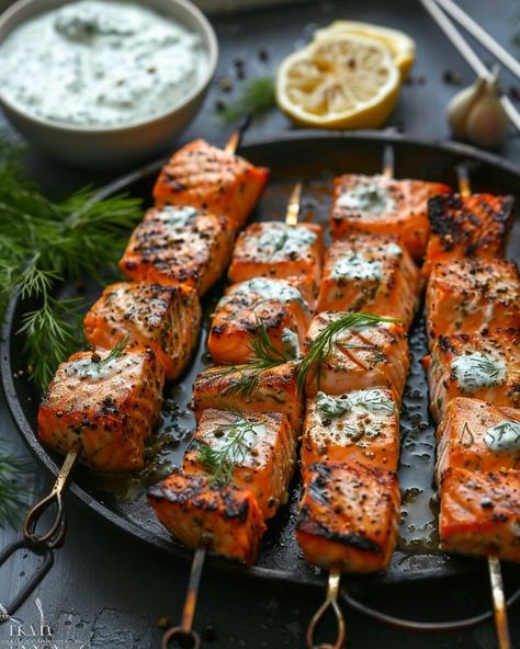 Dill Yogurt Sauce, Queen Mermaid, Salmon Skewers, Yogurt Sauce, Grilled Salmon, Salmon Fillets, Healthy Ingredient, Skewers, Yogurt