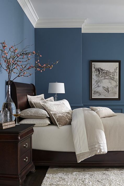 Masters Bedroom, Best Bedroom Paint Colors, Colorful Bedroom Decor, Blue Bedroom Walls, Best Bedroom Colors, Wall Colour, Dark Furniture, Bedroom Wall Colors, Bedroom Color Schemes