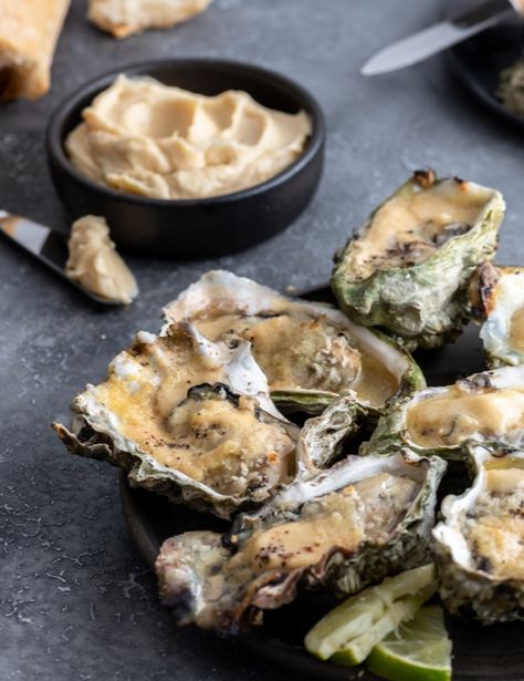 Miso Oysters, Lime Butter, Grilled Oysters, Miso Butter, Creamer Recipe, Artichoke Chicken, Brownie Bites, Panko Bread Crumbs, Sauteed Mushrooms