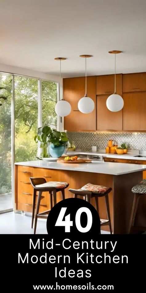 Discover 40 mid-century modern kitchen ideas that blend retro charm with contemporary style! Visit our site for timeless design inspiration! Mid Century Modern Kitchen Colors, Modern Kitchen Colors, Mid Century Modern Kitchen Design, Modern Kitchen Colours, Modern Kitchen Ideas, Modern Kitchen Design Ideas, Walnut Cabinets, Mid Century Modern Kitchen, Color Accents