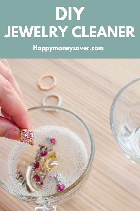 This easy DIY jewelry cleaner will have your rings, earrings and more super shiny in less than 15 minutes. Plus, it is all natural, gentle, cheap, and made using inexpensive, common household ingredients. Get the recipe now! Diy Jewelry Cleaning Solution, Diy Ear Piercing Cleaner, Earring Cleaner Diy, How To Clean Cheap Jewelry, Clean Jewelry With Baking Soda, How To Clean Your Earrings, Diy Ring Cleaner Diamonds, Clean Gold Jewelry Diy, Home Made Jewelry Cleaner