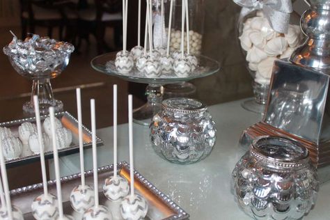 Silver Dessert Table | CatchMyParty.com Silver Dessert Table, White Birthday Party Ideas, White Birthday Party, Cupcake Table, Cookie Table, Silver Theme, Wedding Party Ideas, Silver Party, White Birthday