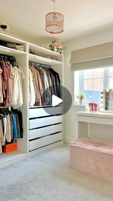 Jess Stead 🤍 on Instagram: "For as long as I can remember I’ve always dreamed of having a dressing room 🎀 After being quoted thousands for fitted wardrobes, I decided to design my perfect wardrobe using ikea pax units for a fraction of the cost!   I’ve thought about adding doors to the wardrobes as there’s no hiding anything 🫣 But I love how having them open makes it feel like a walk in wardrobe, so I don’t regret leaving them open at all! 😍  #homedecor #newbuildhome #homeinspo #homeaccount #interiordesign #ikeapax #paxwardrobes #ikeapaxhack #walkinwardrobe #dressingroomgoals #dressingroomdecor #dressingroominspo #budgetdecor #closetgoals #closetdesign #closetorganization" Pax Open Wardrobe Ideas, Ikea Pax Open, Ikea Pax Open Wardrobe, Walkthrough Wardrobe To Ensuite, Convert Box Room To Walk In Wardrobe, Ikea Dressing Room, Dressing Ikea, Ikea Pax Hack, Bedroom With Walk In Closet