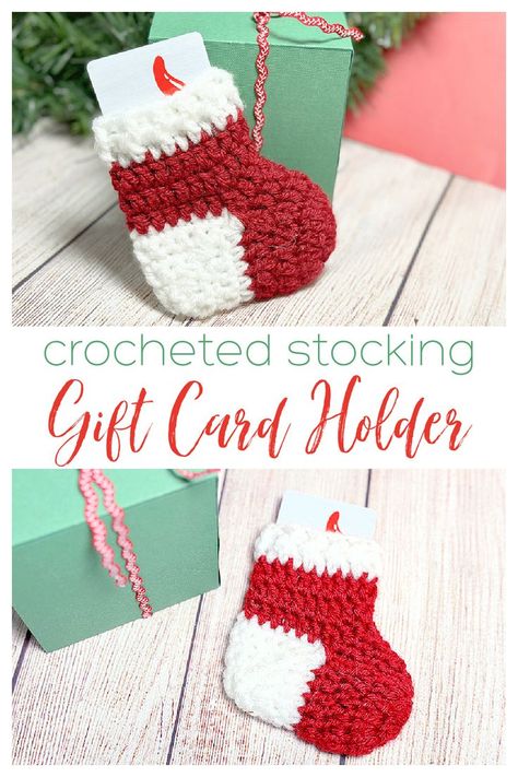 Gift Cards For Christmas, Crocheted Stocking, Stocking Pattern Free, Handmade Wrapping Paper, Cards For Christmas, Crochet Stocking, Christmas Stocking Gifts, Crochet Christmas Stocking, Crochet Christmas Gifts