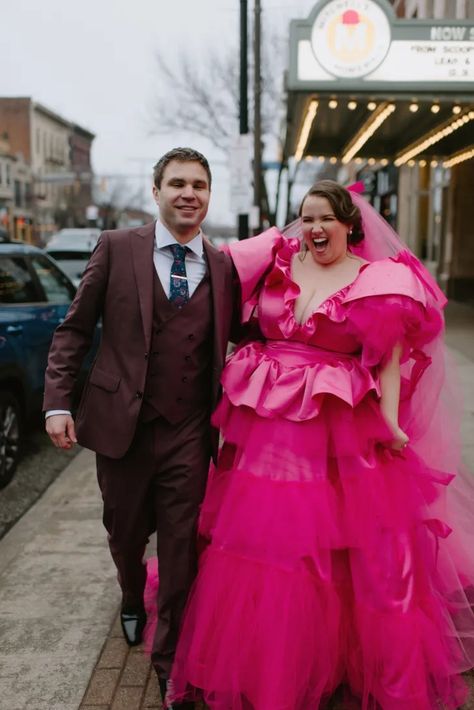 The Bride Wore a Bright Pink Dress for This Non-Traditional NYE Wedding Alternative Wedding Dress Color, Bright Pink Wedding, Nontraditional Bride, Bright Pink Dress, Unusual Wedding Dresses, Village Hall Wedding, Bright Pink Dresses, Hot Pink Weddings, Santo Antonio