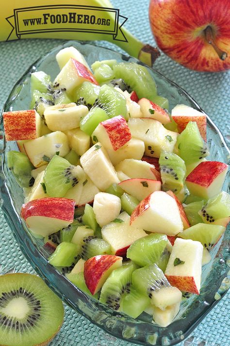 Our Kiwi, Banana and Apple Salad recipe is low in sodium! #lowsodium #healthyrecipes #fruitsalad Banana Salad, Kiwi Recipes, Kiwi And Banana, Apple Salad Recipes, Hearty Salads, Apple Salad, Fruit Salad Recipes, Banana Recipes, Fruit And Veg