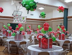 Balloon Happy AZ: December 2011 Christmas Party Centerpieces, Christmas Party Table Decorations, Church Christmas Party, Elegant Christmas Party, Backyard Party Decorations, Christmas Party Table, Grinch Christmas Party, Whoville Christmas, Christmas Party Decoration