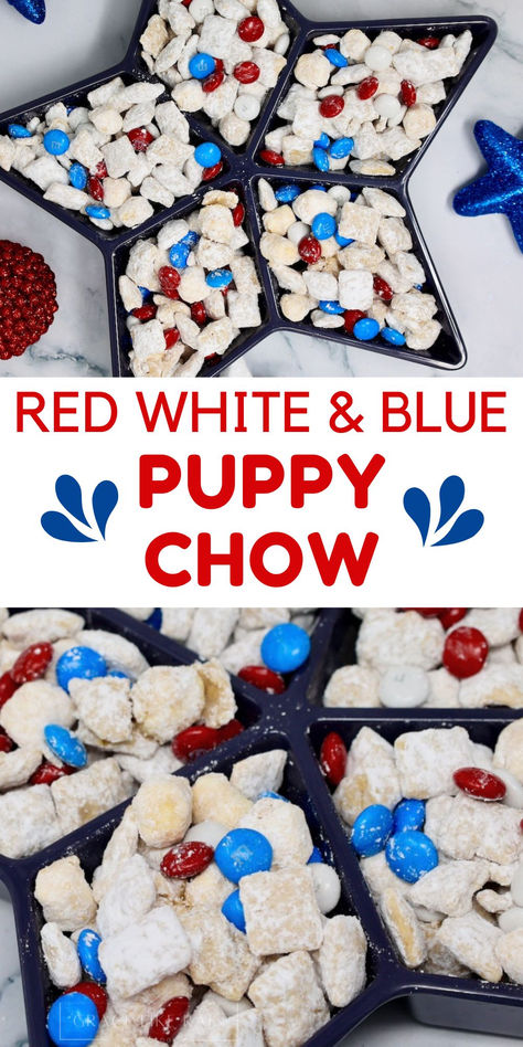 Celebrate in style with this festive Red, White, and Blue Puppy Chow! Perfect for holidays, parties, or any patriotic event, this sweet and crunchy treat is a crowd-pleaser. Click to get the recipe and add a colorful twist to your snack table! #PuppyChow #FestiveTreats #RedWhiteAndBlue #PartySnacks Blue Puppy Chow, Patriotic Puppy Chow, Stovetop Appetizers, Chex Snack Mix, Puppy Chow Recipe, White Chocolate Peanut Butter, Patriotic Treats, Flavored Ice Cubes, Chow Recipe