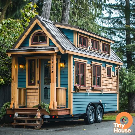 Welcome to Chalet Chic!  Check out this adorable tiny house on wheels with its unique architectural style and stunning Beige and Blue color palette!  Which design element catches your eye? Would you incorporate any into your own home? Let's hear your thoughts! #TinyHouse #ChaletStyle #DesignInspiration Tiny Home Wheels, Tiny House On Wheels Floor Plans, Timy Houses, Bus Build, Tiny Houses On Wheels, Small Houses On Wheels, Tiny Homes On Wheels, Trailer Homes, Getaway House