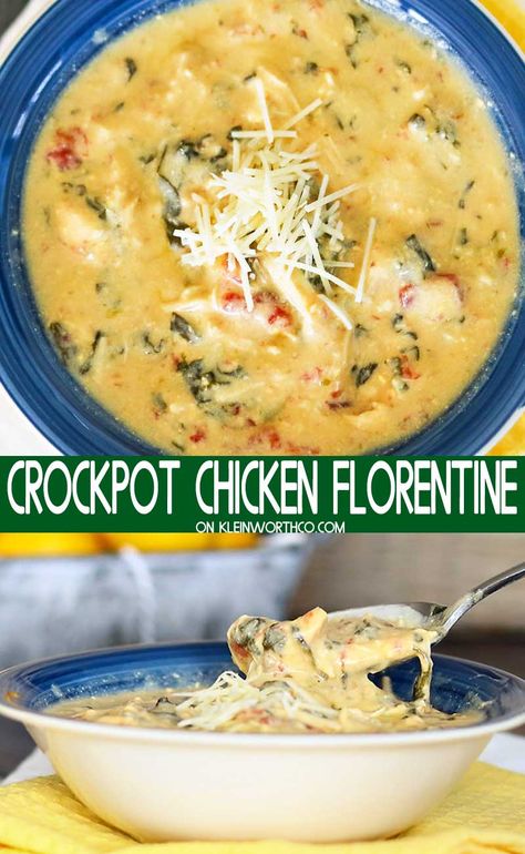 Chicken Florentine Soup, Florentine Soup, Crockpot Pasta, Spinach Cheese, Chicken Florentine, Chicken Spinach, Crockpot Soup Recipes, Crock Pot Soup, Spinach Recipes