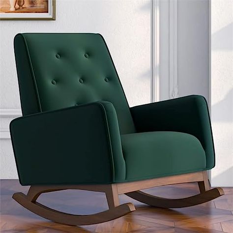 Mid-Century Modern Design Upholstered Material: Fabric Furniture Pattern: Solid *Includes one (1) Contemporary Rocker High density foam cushion Affiliate Link Green Rocking Chair, Comfy Rocking Chair, Lounge Chair Bedroom, Meditation Chair, Mom Dr, Glider Rocking Chair, Rocking Armchair, Green Velvet Fabric, Wood Rocking Chair