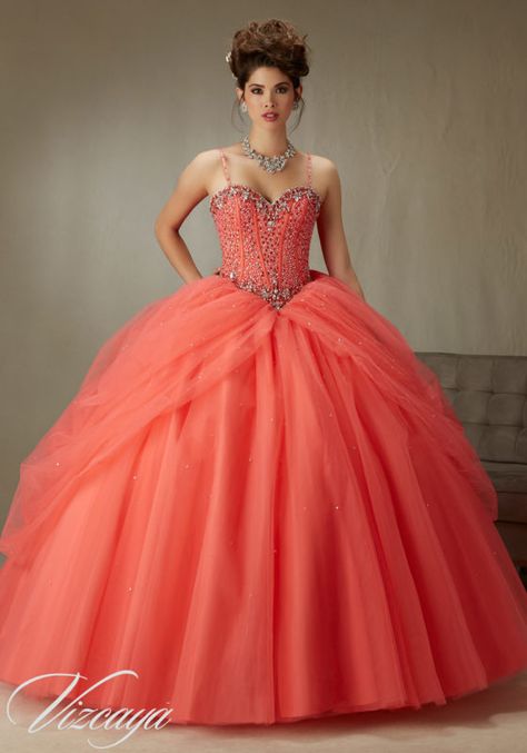 Beaded, Boned Corset Bodice on Tulle Ball Dress Quinceanera Dress Quinceanera Dresses Coral, Coral Quinceanera Dresses, Mori Lee Quinceanera Dresses, Sweet 15 Dresses, Cinderella Princess, Madeline Gardner, Pretty Quinceanera Dresses, Princess Ball Gowns, Quinceanera Dress