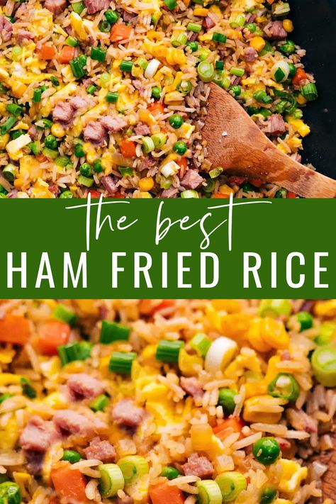 Leftover ham? Turn it into amazing Ham Fried Rice. It’s so good, you’ll want leftovers on purpose! We’re combining day-old rice, diced ham, and veggies– stir-fried for a quick, savory meal. #dinner #best #quick #easy #simple #hamfriedrice Ham Fried Rice Recipe Easy, Ham Fried Rice Recipe, Ham Fried Rice, Fried Ham, Pan Fried Dumplings, Steak And Rice, Fried Rice Recipe Easy, Homemade Ham, Shrimp Spring Rolls