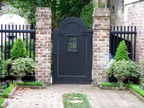 Brick and wood. #garden #courtyard #gate #topiary.  Pretty courtyard door.  Makes you want to see what's behind it! Fence Brick, Brick Pillars, Backyard Gates, Brick Columns, Fence Planters, Front Fence, Backyard Fence, Brick Fence, Steel Fence