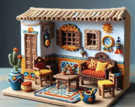 Crochet Diorama, Crochet Building, Felt Doll House, Newborn Crown, Doll House Plans, Crochet Decoration, Plastic Canvas Crafts, Miniature Crafts, Crochet Instructions