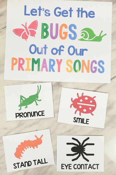 Let's Get the Bugs Out Primary Program progress song review tracker - work on fixing the problems in your songs and smash the bugs! Includes a variety of different illustrated bugs and 12 program bugs to work on for inspiration. Printable song helps for LDS Primary music leaders. After Primary Program Ideas, Primary Program Song Review, Primary Review Games, Primary Song Review Games, Primary Secretary, Lds Object Lessons, Lds Primary Chorister Ideas, Lds Primary Songs, Lds Primary Singing Time