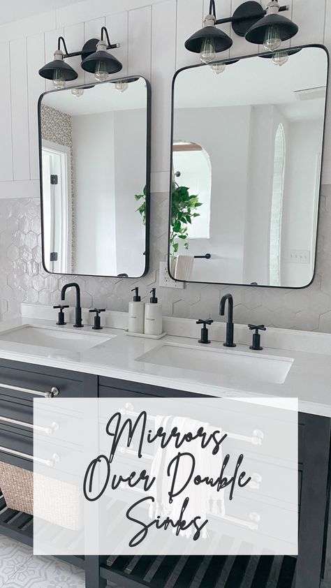 Style Inspo: Mirrors over double-vanity sinks! We know sometimes it can be a bit tricky to figure out what looks best over double sinks, so we curated this blog post just for you! #framemymirror #doublevanity #mirror #wallmirror #vanitymirror #doublesinks #bathroomrenovation #homerenovation #homeinspo Bathroom Mirror For Double Sink, Bathroom 2 Sinks 2 Mirrors, 2 Mirror Vanity, 2 Sink Vanity Small Bathroom Ideas, Double Sink Vanity Lighting Ideas, Double Vanity With Two Mirrors, Bathroom Vanity 2 Sinks 1 Mirror, Vanity Mirror Ideas Bedrooms Master Bath, Double Sink Vanity With 2 Mirrors