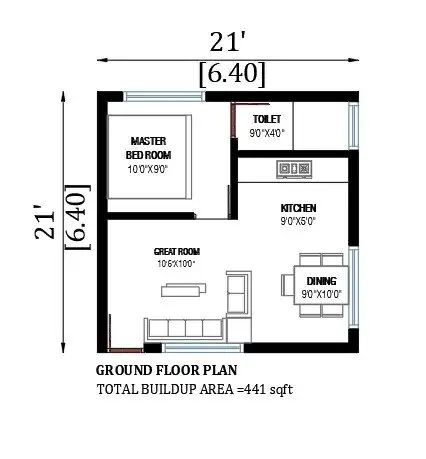 21’x21’ house plan has been given in this AutoCAD 2D drawing model. Download now. - Cadbull Small 1 Bhk House Plan, Floor Plan Presentation, 1bhk House Plan, Auto Cad Drawing, Bachelor House, House Sketch Plan, Mini House Plans, 20x30 House Plans, Drawing House Plans