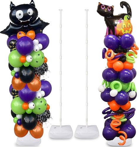 Halloween Balloon Pillars, Halloween Balloon Columns Diy, Halloween Balloon Tower, Halloween Balloon Columns, Halloween Columns, Balloon Boutique, Balloon Column Stand, Halloween Balloons Decorations, Balloon Pillars