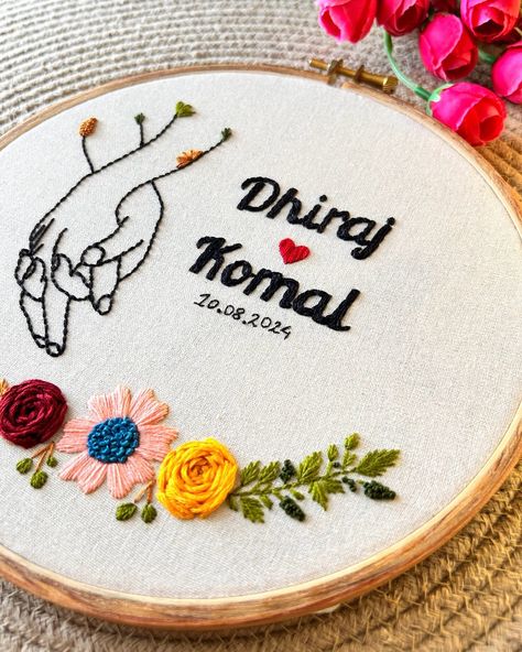 This very pretty Custom Hoop Art Embroidered for @komal_hemrajani 🫶 DM to Shop/CUSTOMISE ✅ Shipping all over India 📦 (Ring ceremony gift, embroidered gift, gifting, ring ceremony gift ideas, engagement gifts, handmade gifts, handmade embroidery, embroidered products, unique artwork, unique gifting, custom embroidery, Couple gift, couple gifting, handmade gifts , gifts for him, gifts for her) #embroidery #artwork #gifting #ringceremony #couplegifts #couplegift #enagement #engagementgift #f... Rukhvat Ideas, Wedding Gift Embroidery, Embroidery Couple, Embroidered Products, Artwork Unique, Embroidery Artwork, Drawings For Boyfriend, Ring Ceremony, Rings Ceremony