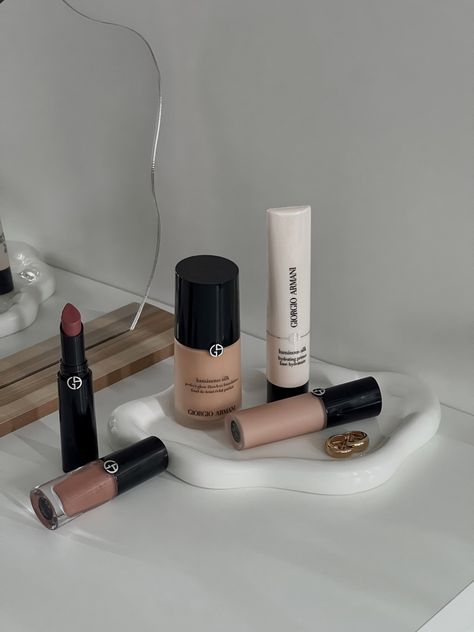 Armani Beauty Makeup, Armani Beauty Aesthetic, Armani Foundation Luminous Silk, Armani Aesthetic, Makeup Packaging Design, Makeup Moodboard, Aesthetic Makeup Products, Makeup Products Aesthetic, Armani Cosmetics