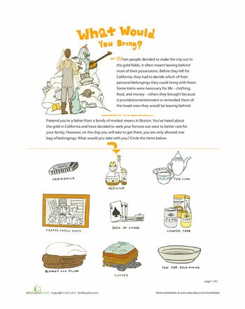 Worksheets: Packing for the Gold Rush California Gold Rush Activities, 49ers Mascot, Gold Rush Projects, Gold Rush Activities, Klondike Gold Rush, 3rd Grade Social Studies, American History Lessons, History Worksheets, 4th Grade Social Studies