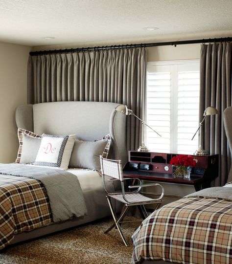 . Shutters With Curtains, Masculine Bedroom Design, Masculine Bedroom, Window Treatments Bedroom, Wingback Headboard, Headboard Designs, Traditional Bedroom, Bedroom Windows, Dreamy Bedrooms