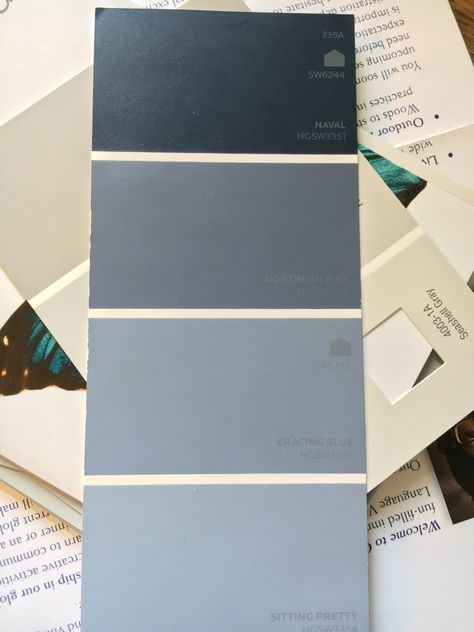 HGTV by Sherwin Williams swatches: Naval, Northern Pike, Bracing Blue, Sitting Pretty. HGSW3351, HGSW3352, HGSW3353, HGSW3354 Bracing Blue Sherwin Williams, Sherwin Williams Bracing Blue, Poolhouse Kitchen, Bracing Blue, Sherwin Williams Paint Gray, Remodeling House, Nautical Ideas, Kitchen 2023, Stairs Renovation