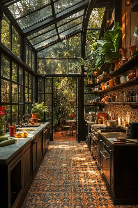 Kitchen Solarium, Green House Kitchen, Atrium Kitchen, Solarium Kitchen, Orangery Kitchen, Cool Kitchen Design, Home Decor And Organization, Greenhouse Kitchen, Conservatory Kitchen