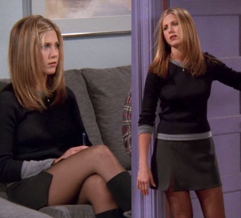 Rachel Green Season 7 Outfits, Rachel Green Cardigan Outfit, Work Outfits Rachel Green, Rachel Green Season 5 Outfits, Rachel Green In Green, Rachel Green Season 1 Outfits, Rachel Work Outfits, Rachel Green Skirt Outfits, Rachel Green Waitress Outfits