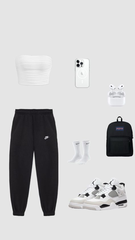 #outfit #ootd #white #whiteoutfit #nike #jordan4s #jordan #b&w Black Nike Pants Outfits, Baddie Outfits With Jordan 4s, Baddie Outfits With Jordans, Nike Pants Outfit, Outfit With Jordan 4, Outfits With Jordan 4s, Glowup Checklist, Fits With Jordans, Jordan 4s Outfit