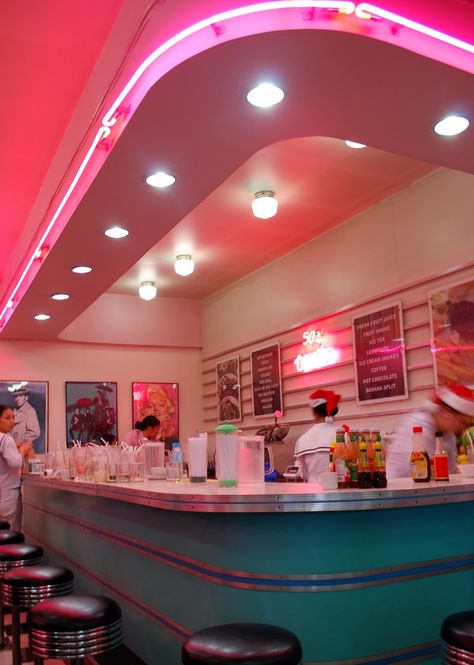 Malt shop collection - spring 2014- Wouldn't you like to sit down here and have a cheeseburger with Vanilla milkshake??? Diner Aesthetic, 50's Diner, Diner Decor, Vintage Diner, Stools, Diner, I Want, Ceiling, Neon