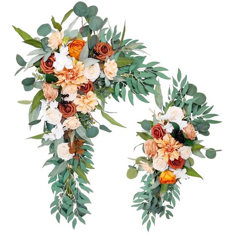 PRICES MAY VARY. ❤️【Burnt Orange Arch Flowers】: Our artificial arch flowers are designed with a variety of elements and unique design. The whole flower swag consists of burnt orange flowers, ivory roses, dusty roses, fall flowers and willow leaves greenery, perfect for your fall wedding arch decoration ❤️【Artificial Flower Swag】: Our wedding arch flowers are made of high-quality silk flowers and foam roses, they never wilt and look not only beautiful but very lifelike, which can totally replace Fall Wedding Swag, Terracotta Flowers, Wedding Party Reception, Wedding Floral Arrangement, Fall Wedding Arches, Flower Swag, Willow Leaves, Wedding Swag, Reception Backdrop