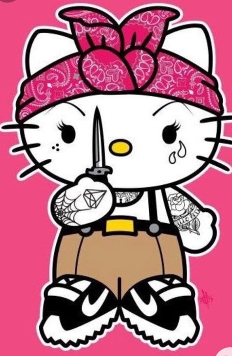 Hello Kitty Gangster, Hello Kitty Wallpaper Black, Pfp Gangsta, Gangsta Hello Kitty, Hello Kitty Painting, Hello Kitty Tattoo, Cute Monsters Drawings, Kitty Tattoo, Kitty Painting