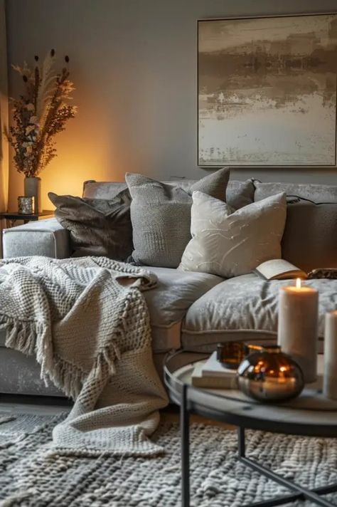 Cozy Living Rooms Dark Grey Couch, Dark Grey Couch Living Room Moody, Moody Beach Decor, Adding Color To Grey Living Room, How To Warm Up A Grey Living Room, Grey Rustic Living Room, Grey Living Room Decor Ideas, Dark Hray Sofa, Grey Living Room Decor