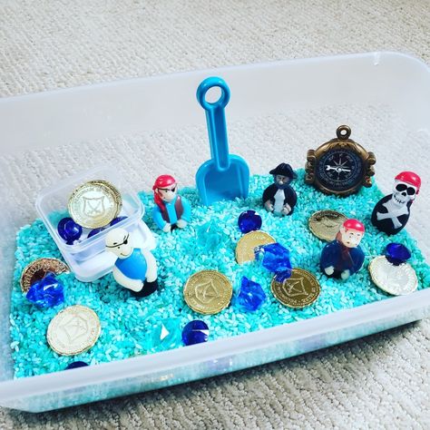 Pirate Themed Sensory Bin, Pirates Sensory Bin, Pirate Sensory Bin, Pirate Crafts Preschool, Pirate Week, Sensory Games, Treasure Basket, Barbie Dollhouse, Pirate Crafts