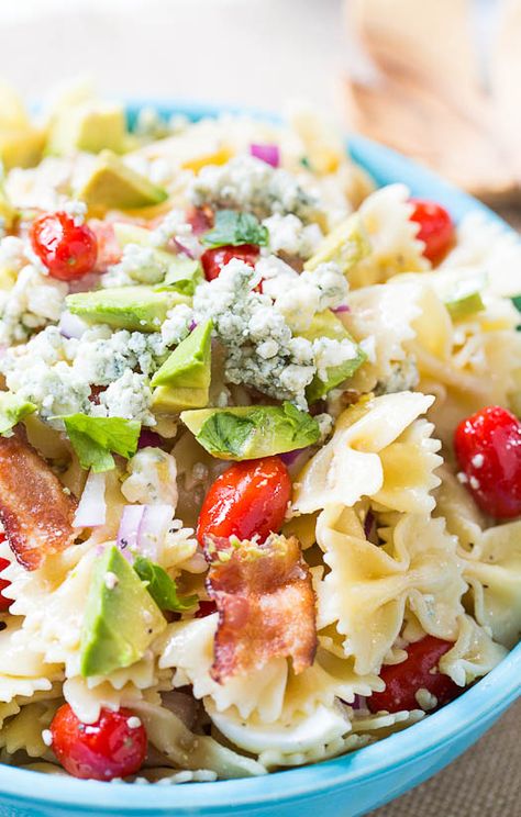 Cobb Pasta Salad with bacon, blue cheese crumbles and avocado Cobb Pasta Salad, Pasta Salad With Bacon, Blue Cheese Crumbles, Fun Pasta, Cooking Avocado, Blue Cheese Recipes, Spicy Southern Kitchen, Southern Kitchen, Salad Bar