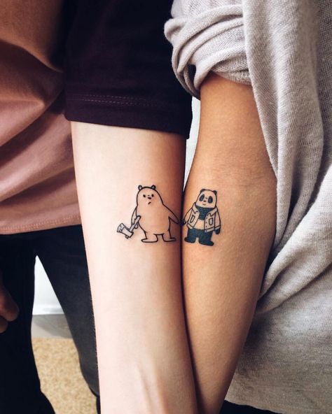 Matching with someone you love 🖤🖤 We Bare Bears Tattoo, Cute Bear Tattoo, Trio Tattoos, Siblings Tattoo For 3, Poked Tattoo, Polar Bear Tattoo, Couple Tattoos Unique Meaningful, Care Bear Tattoos, Army Tattoos