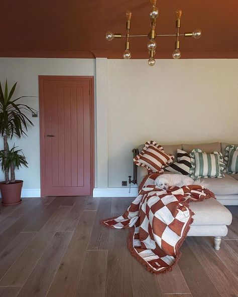 Book Room Red Farrow And Ball, Red Earth Farrow And Ball, Terracotta Ceiling, Eating Room Red, Warm Bedroom Colors, Moody Paint, Eating Room, Bedroom Colours, Red Ceiling