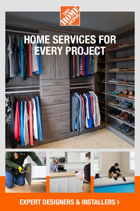 Get your home projects done right with help from trusted designers and installers backed by The Home Depot. Check off your to-do list and book your free virtual or in-home consultation today. Get closet organization, carpet installation and much more. Click for licenses. US only. Ideas De Closets, Outfits Wardrobe, Essentials Wardrobe, Organization Closet, Luxury Essentials, Closet Renovation, Bedroom Organization, Closet Layout, Closet Remodel