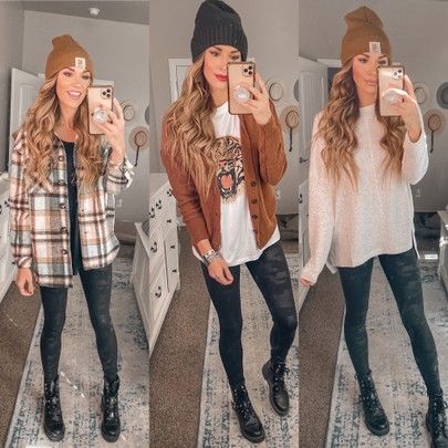 Outfit Ideas Beanie, Flannel And Beanie Outfit, Girls Trip Outfits Winter, Cute Winter Outfits With Boots, Mountain Outfits For Women, Beanie Outfits For Women, Brown Carhartt Beanie Outfit, Hot Mom Outfits Winter, Fall Outfits Beanie