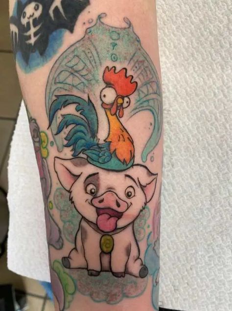 43 Disney Moana Tattoo Ideas & Meaning - Tattoo Twist Pua From Moana, Hei Hei And Pua, Disney Characters Tattoos, Moana Tattoos, Disney Inspired Tattoos, Disney Sleeve Tattoos, Pig Tattoo, Disney Sleeve, Bestie Tattoo