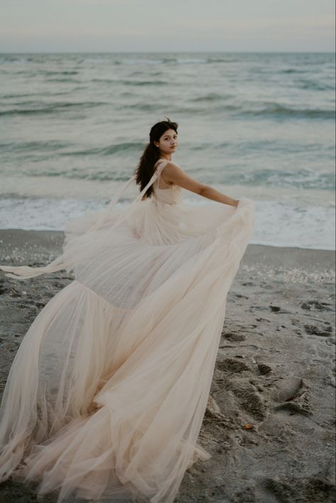 Tulle Dress Beach Photoshoot, Beach Photoshoot Long Dress, Elegant Beach Photo Shoot, Beach Pictures With Dress, Thirty Photoshoot, Beach Pictures Dress, Beach Debut, Beach Dress Photoshoot, Beach Poses With Dress