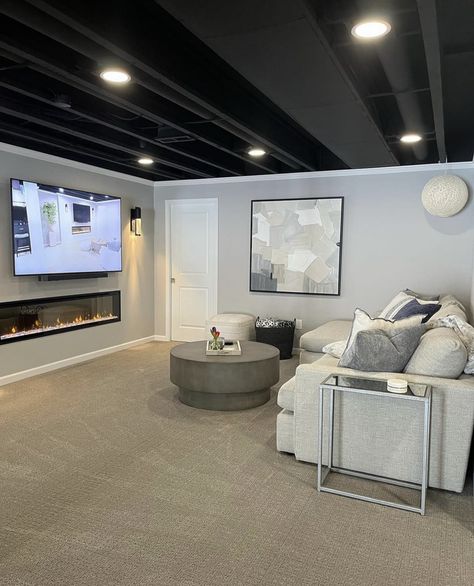 Tv Basement Ideas, Finished Basement Open Ceiling, Gray Basement Ceiling, Open Concept Basement Ideas, Low Ceiling Basement Ideas Renovation, Basement No Windows, Simple Finished Basement Ideas, Grey Basement Ideas, Small Basement Ideas Layout