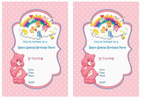 Care Bears FREE Printable Birthday Party Invitations Care Bear 1st Birthday, Bear Invitation Template, Care Bear Birthday Party, Bear Themed Birthday Party, Bear Birthday Party Invitations, Care Bears Party, Bears Birthday Party, Care Bears Birthday, Teddy Bear Birthday Party