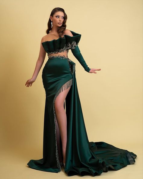 Oknass Dark Green One Long Sleeve Beaded Split Evening Dress Gown With Tassels Mode Niqab, Long Sleeve Mermaid Prom Dress, Mermaid Evening Gown, فستان سهرة, Mermaid Prom Dresses, Prom Party Dresses, Custom Dresses, Perfect Dress, Evening Dress