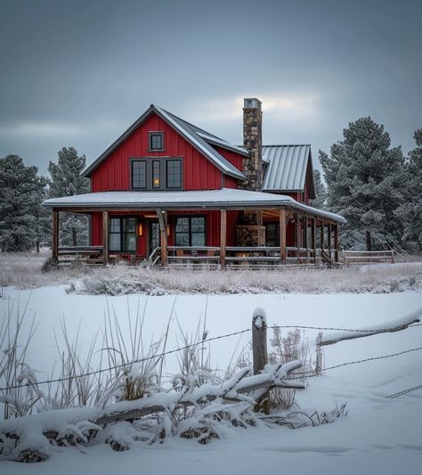 Red Country House Exterior, Barn Red House Exterior, Red Ranch House, Red Farmhouse Exterior, Red Siding House Exterior, Red Barndominium, Red Barn House, Red Cabin, Mountain Home Exterior