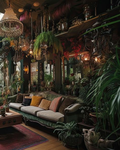 230327 - boho botanical maximalism; set in #midjourney v5 . lush plants are the lifeblood of these maximalist oases, with monstera… | Instagram Apartment Decor Black, Victorian Maximalism, Victorian Bohemian Decor, Interior Design Secrets, Black Feature Wall, Lush Plants, Jungle Decor, Dream Apartment Decor, Interior Design Boards